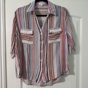 AEOM XL STRIPED BUTTON UP BLOUSE BAGGY FIT SUPER SOFT CASUAL 3/4 SLEEVE